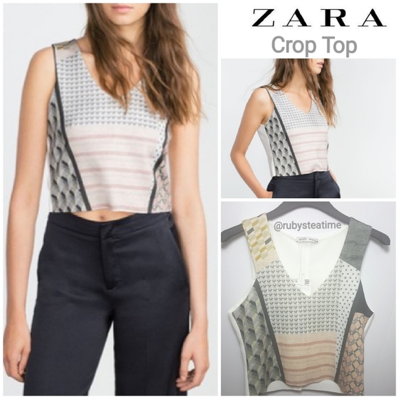 ZARA Geomix Print Crop Top, V-Neck - Picture 1 of 5